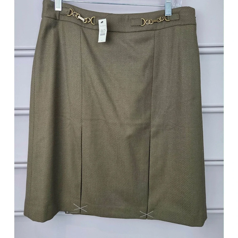 Talbots Olive Army Green Wool Blend Pleated‎ Skirt Chain Detail Size 8 NWT